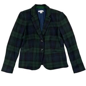 Liz Claiborne Black Watch Plaid Wool Blazer Jacket Womens M Blue Green 2 Button